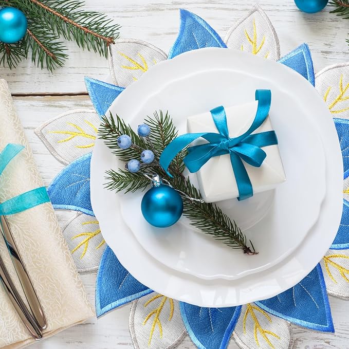 Tudomro 6 Pcs Holiday Embroidered Double Layer Placemats - Blue Glitter Applique Poinsettia Christmas Flower Placemats for Dining Table Decoration