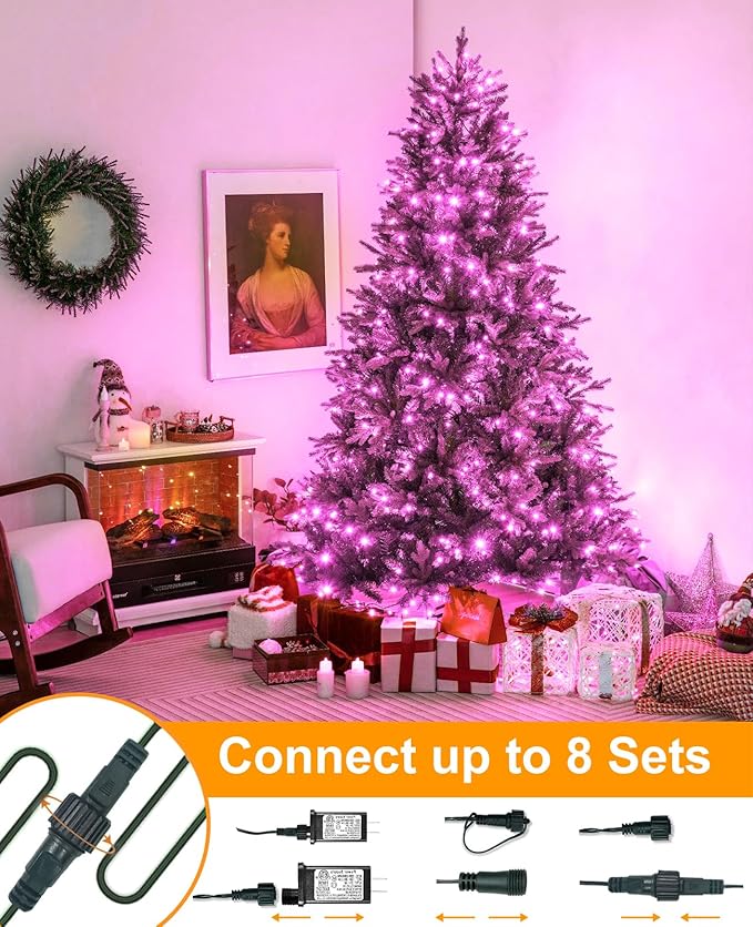 40FT 120 LED Christmas Lights Outdoor, Green Wire Christmas Tree Lights with 8 Modes & Waterproof, Connectable Plug in String Light for Indoor Bedroom Garden Party Wedding Decorations, Pink