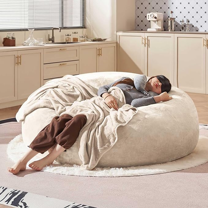 Bean Bag Chair 5Ft, Memory Foam Filled, Large Beanbag Chairs for Adults and Teens, Soft Sofa with Removable Flannel Cover, Round Couch for Living Room Bedroom College Dorm (Apricot, 5FT-60×60"×24")