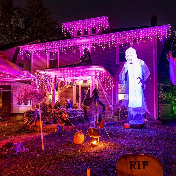 66ft Halloween Lights Outdoor, Orange and Purple Icicle Lights for Outside Indoor, 640 LED Twinkle String Lights with 120 Drops Clear Wire Short Curtain Light for House Party Tree Holiday Yard Decor