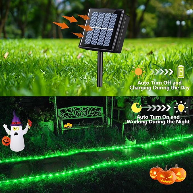 YEGUO 2 Packs Each 33ft 100 LED Solar Rope Lights Outdoor Waterproof, Green String Lights for Outside, 8 Modes Fairy Lights in Clear Thin Tube for Camping Fence Patio Garden Trampoline Deck