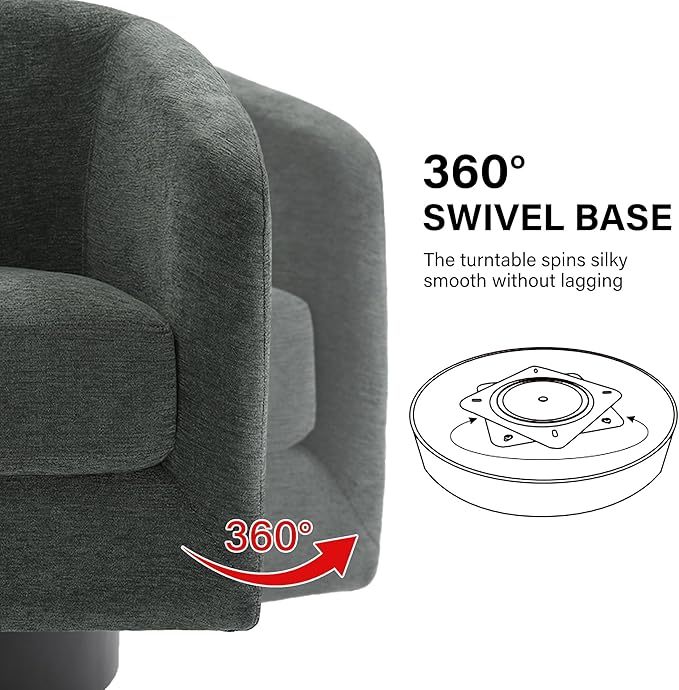 Swivel Barrel Accent Chair, Modern Round Chenille Fabric Arm Chair for Living Room, Bedroom, Comfy Club Reading Chairs for Adults(Chenille Fabric, Grey, Set of 1