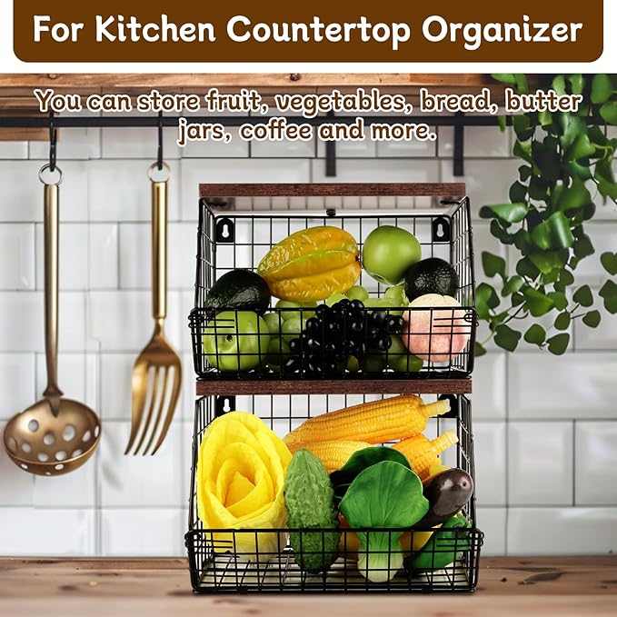 CYEAH 2 Pcs Stackable Fruit Basket for Kitchen, Hanging Wall Fruit Basket with Wood Lid, Space Saving Wall Mounted Mesh Metal Wire Baskets, Kitchen Counter Organizer for Snack, Onion, Potato Storage