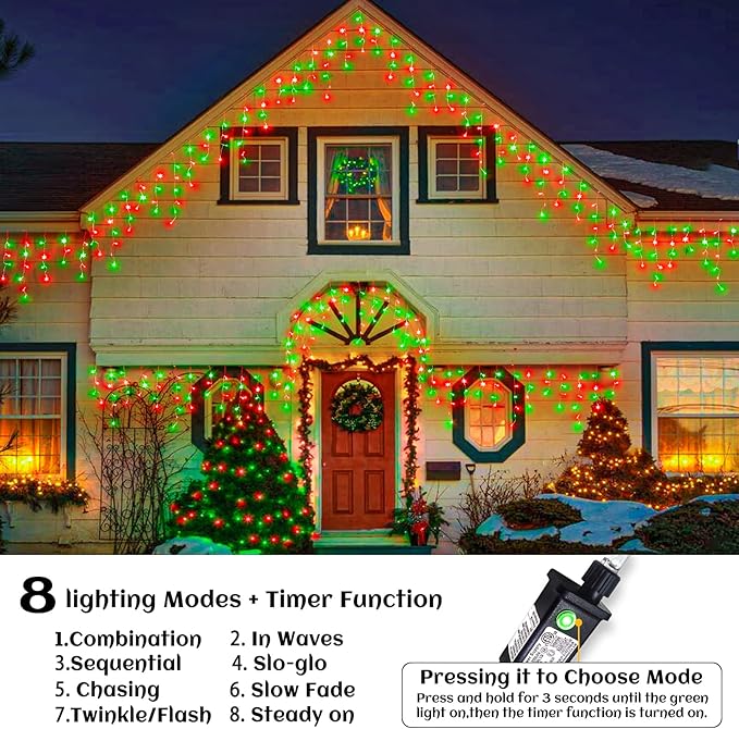 33ft Icicle Lights for Outside, Red and Green Christmas Lights Outdoor Indoor, 400 LED Twinkle String Lights with 75 Drops, Clear Wire Short Curtain Lights for Thanksgiving Room Home Wall Bedroom