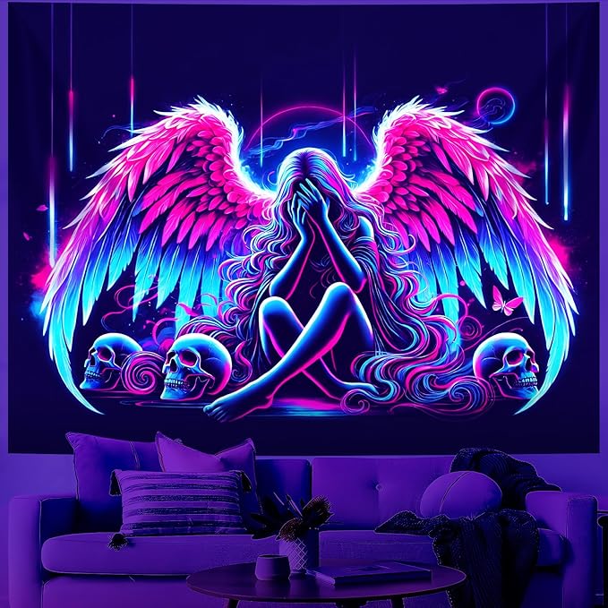 Blacklight Tapestry,WingTapestry Glow In The Dark,UV Reactive Black Light Upright Posters Wall Hanging for Bedroom Dorm Living Room Backdrop Decor (wing1, 59L" x 51W")