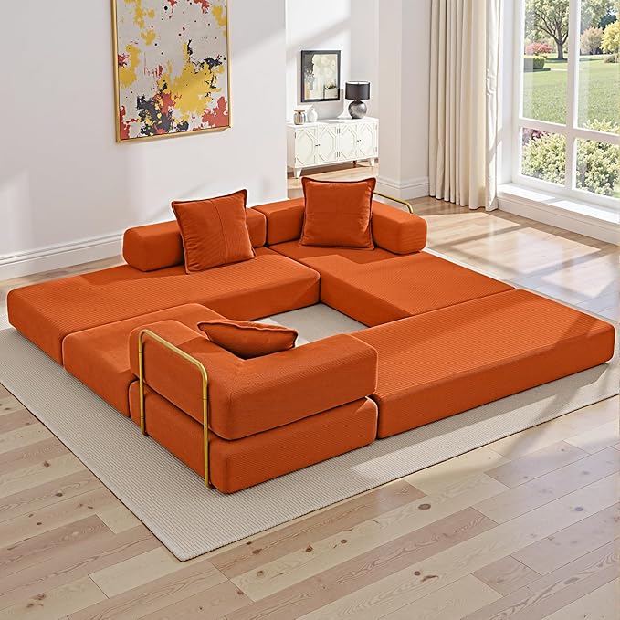 108" Oversized Convertible Sleeper Sofa Bed, Corduroy L Shape Sectional Couch, Folding Sofa Bed with Side Pocket, Modern Cloud Floor Mattress Couch, Modular Sofa for Living Room, Orange