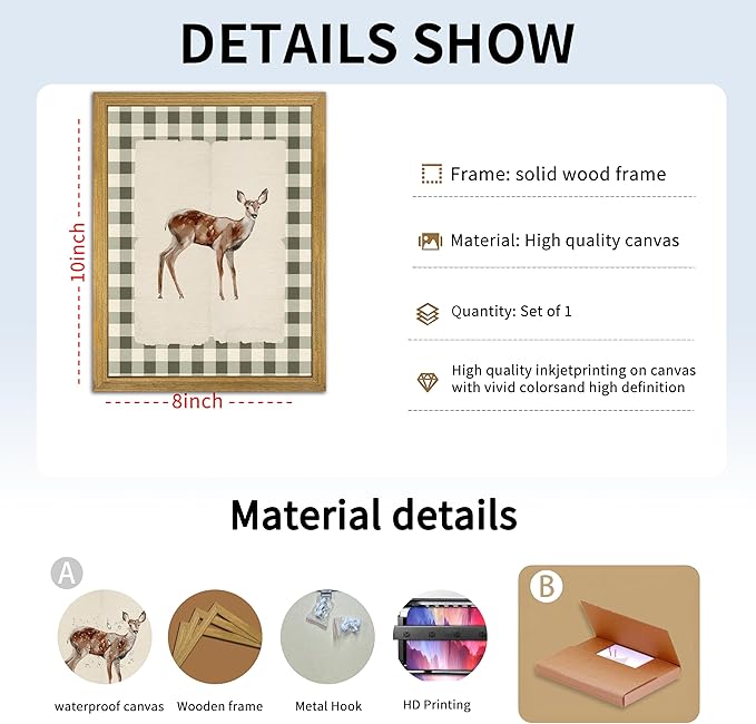 Wood Framed Deer Wall Art Print, Woodland Baby Deer Canvas Poster Wall Decor, Vintage Rustic Green Gingham Farmhouse Animal Picture for Living Room Kitchen Bedroom Nursery Decor, 8x10 inch