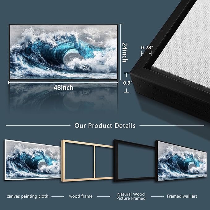 PHAOHUAXM Large Canvas Wall Art For Living Room Wall Decor For Bedroom Ocean Inspiration Wall Pictures Office Mural Decorations Posters Blue Wave Paintings Modern Home Decor Black Framed 24x48 In