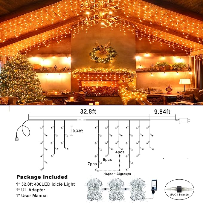 Orange Halloween Lights Outdoor, 33FT 400 LED Icicle Lights for Outside with 8 Modes Waterproof, Plug in Connectable Twinkle String Light for Indoor House Yard Patio Party Holiday Decorations