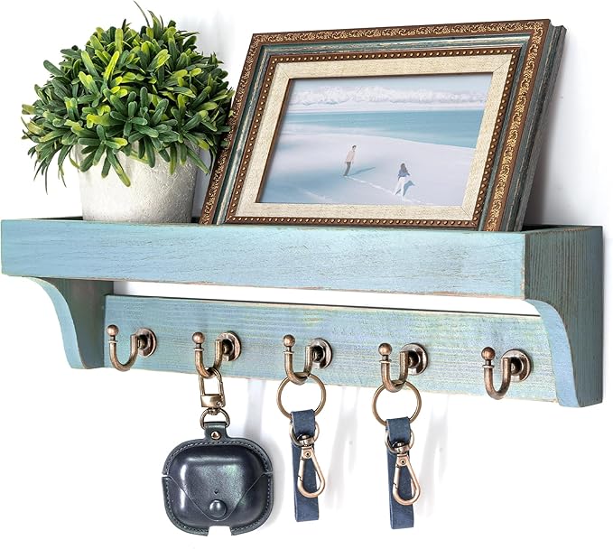 Rebee Vision Farmhouse Pine Wood Key Holder Wall Mount for Home Decor - Rustic Wall Key Holder with Shelf for Home Improvement - Ideal Entryway Organizer in Living Room (Distressed Blue)