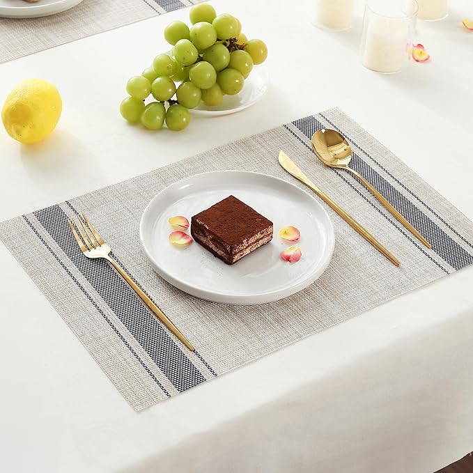 Leetaltree Khaki-Blue Placemats, Heat Resistant Non-Slip Place mats for Dining Table, Washable Durable PVC Vinyl Woven Table Mats (Set of 4)