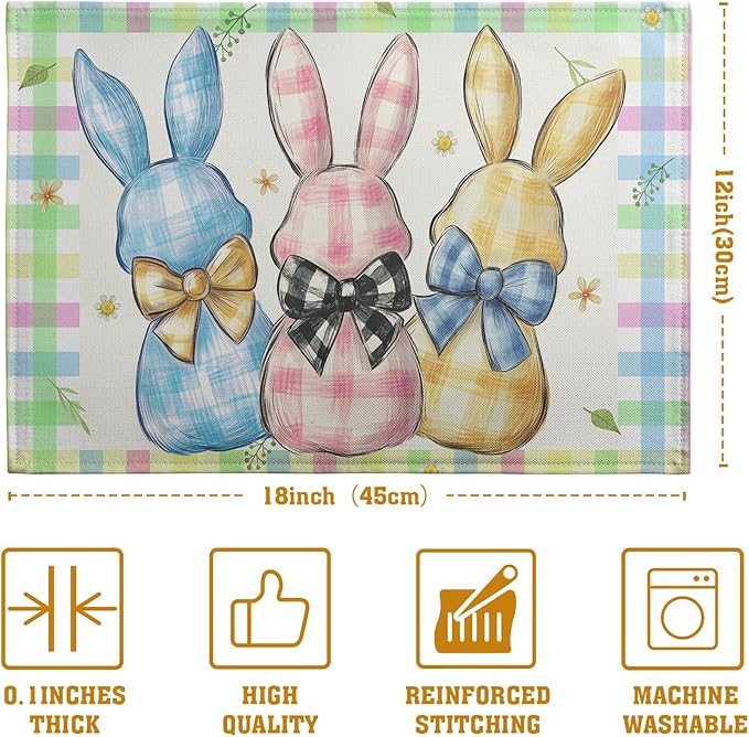Easter Bunny Placemats Set of 4 Green Blue Pink Yellow Buffalo Plaid Rabbits Floral Bow Place Mats 12x18 Inch Happy Easter Table Mats for Spring Party Kitchen Dining Holiday Decor