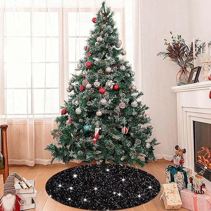Black Tree Skirt Christmas 21 Inch Decorated Sequin Tree Skirt Velvet Xmas Tree Mat Soft Thick Tree Cover Base Sparkling Small Skirt for Artificial Trees Halloween Supply for Home Family Decorations
