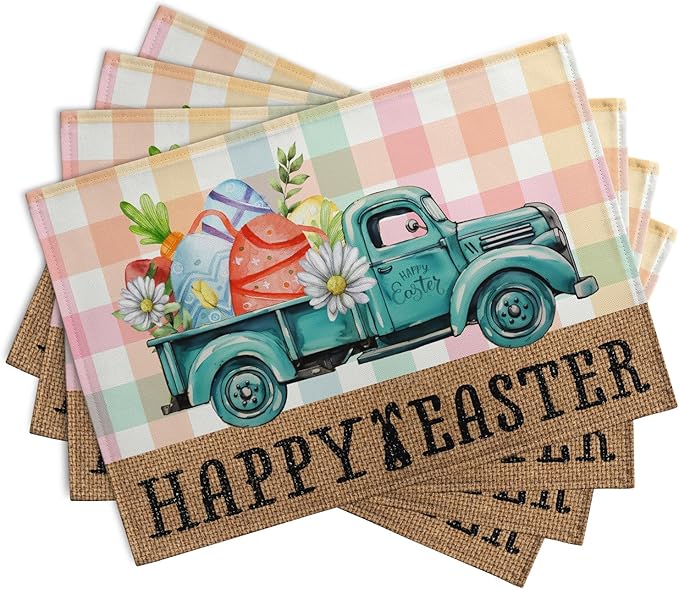 Happy Easter Placemats Set of 4 Pink Yellow Blue Buffalo Plaid Truck Eggs Daisy Easter Table Mats Spring Seasonal Linen Place Mat Washable Place Mats for Party Kitchen Dining Outdoor Indoor Decor