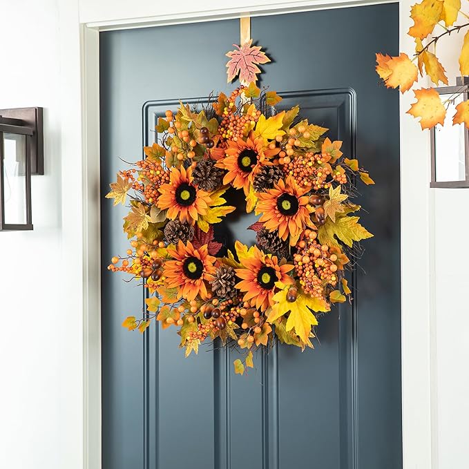 Glitzhome 24'' Fall Wreath for Front Door Decor, Artificial Autumn Orange Wreath with Sunflower, Maple Leaf and Berry Ornament for Wall Fireplace Farmhouse Thanksgiving Day Harvest Festival Decor