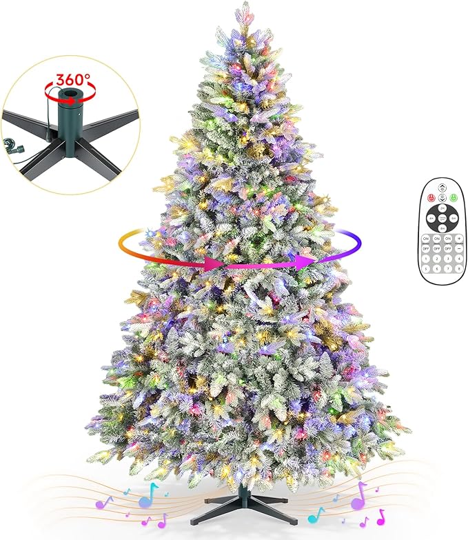 9ft 360° Rotating Pre-Lit Snow Flocked Christmas Tree, Built-in Music, Remote Control, 8 Light-Modes, White Christmas Tree for Home Decor