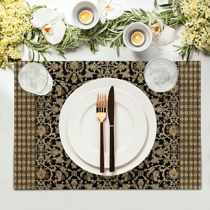Brown Antique Placemats Set of 4 Vintage Floral Block Print Washable Non-Slip Heat Resistant Place Mats 12x18 Inch Retro Turkish Linen Table Mats for Kitchen Dining Party Decor