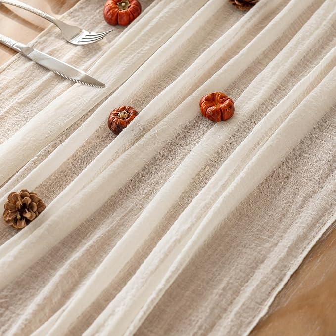 6pcs Ivory Gauze Rustic Cheesecloth Table Runner 120 Inch 10 FT for Wedding Baby Shower Bridal Shower Birthday Engagement Garden Outdoor Party Long Sheer Boho Decorations