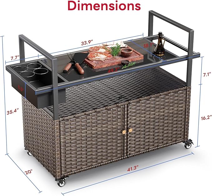 Outdoor Bar Cart with Storage Cabinet, Outdoor Grill Cart with Wheels, Rattan Bar Cart with Tempered Glass Tabletop, Outdoor Buffet Cabinet Table Cart for Mini Bar, BBQ, Food Serving, Brown Wicker