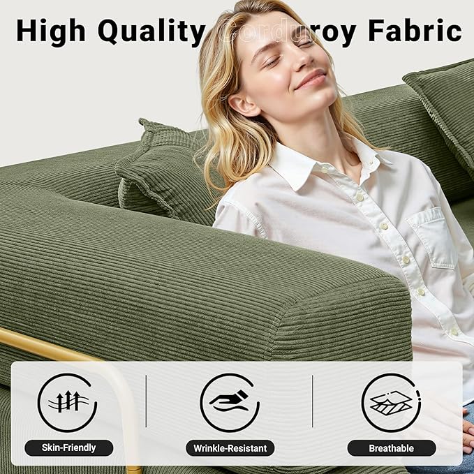 108" Oversized Convertible Sleeper Sofa Bed, Corduroy L Shape Sectional Couch, Folding Sofa Bed with Side Pocket, Modern Cloud Floor Mattress Couch, Modular Sofa for Living Room, Green