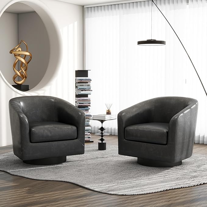 Swivel Barrel Accent Chair, Modern Round Faux Leather Arm Chair for Living Room, Bedroom, Comfy Club Reading Chairs for Adults(Faux Leather, Black Grey, Set of 4)