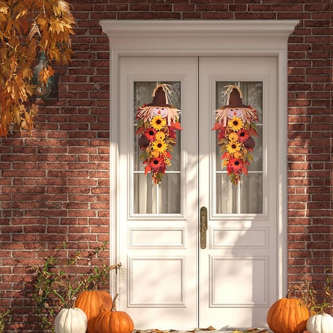 24" Rustic Fall Scarecrow Teardrop Swag โ Farmhouse Sunflower & Pumpkin Wreath โ Autumn Harvest Hanging Decor for Front Door, Wall, Porch, Indoor/Outdoor