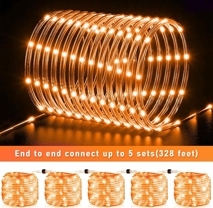 Orange Halloween Lights, 66FT 200 LED Rope Lights for Outside Waterproof with 8 Modes, Connectable Tube String Lights for Indoor, Garden, Backyard, Patio, Deck, Pool, Tree Decorations