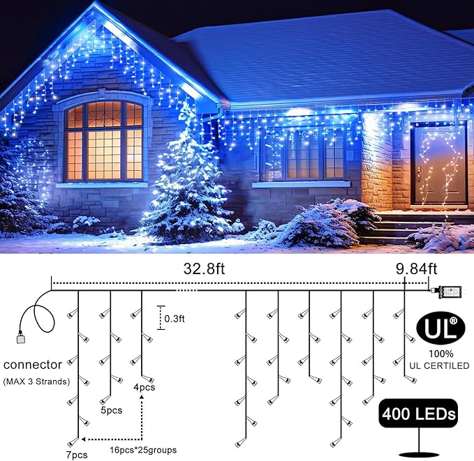 Icicle Christmas Lights Outdoor, 33ft 400 LED Blue and White Christmas Lights 8 Modes with 75 Drops, Waterproof Icicle Light Plug in for Indoor Outside Party Holiday Xmas Halloween Decorations
