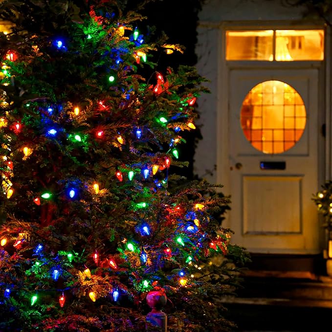 HUGSVIK 39Ft 100 LED Solar Christmas Lights Outdoor, 8 Modes C6 Strawberry Lights, Waterproof Outdoor Christmas String Lights for Xmas Tree, Holiday, Garden, Patio, Arbor Decor