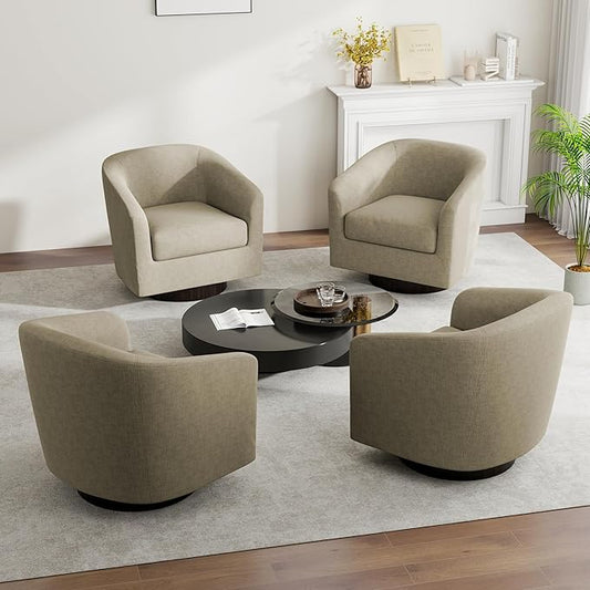 Swivel Barrel Accent Chair, Modern Round Linen Arm Chair for Living Room, Bedroom, Comfy Club Reading Chairs for Adults(Linen Fabric, Light Brown, Set of 4