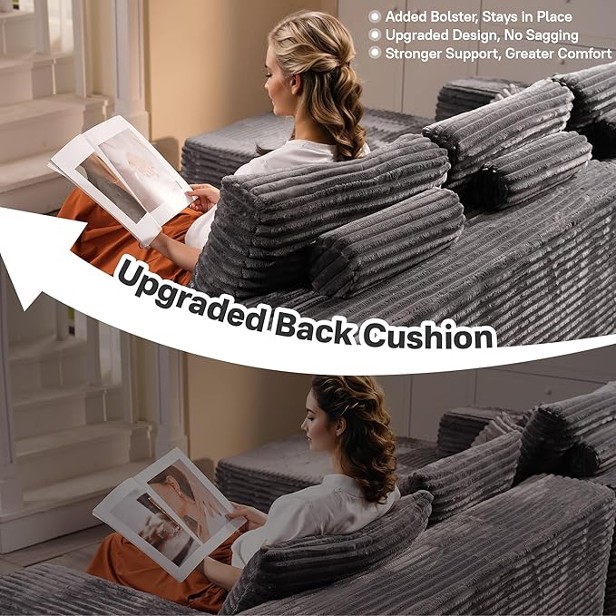 106" Cloud Sectional Couches for Living Room,Plush Corduroy Boneless Couch with Comfy Chaise,L Shaped Sofa in A Box No Assembly Require,Grey