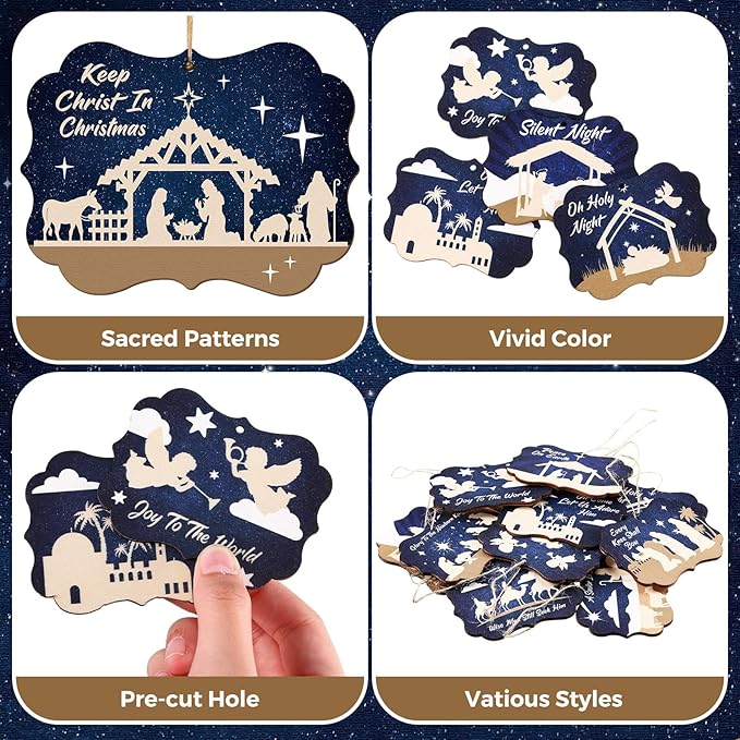 Soaoo 60 Pcs Nativity Scene Christmas Tree Ornament Christian Religious Ornaments Bulk Round Nativity Xmas Tree Hanging Wooden Decorations for Garden Yard Outdoor Home (Square Style)