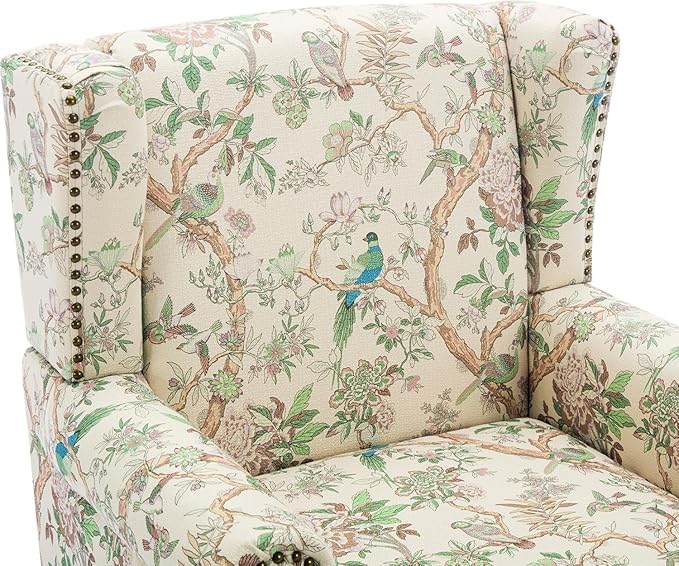 UIXE High Back Floral Accent Chairs Set of 2, Fabric Upholstered Armchair for Living Room, Retro Printed Wingback Arm Chair Rivet Trimed Single Sofa Bedroom Reading Seat - Bird