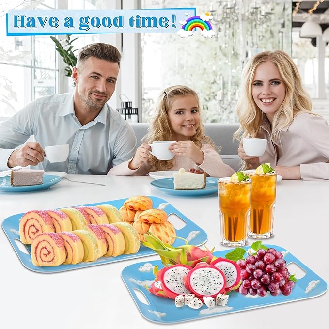 2Pcs Sky White Cloud Serving Trays with Handles 16 x 11 Inch Large Melamine Tray Cartoon Story Serving Platters, Toy Inspire Game Birthday Party Supplies for Serving Food Outdoor Dinner Dessert Plates