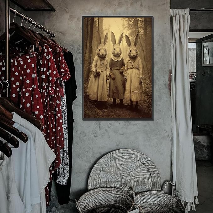 Vintage Horror Spooky Three Rabbits In Occult Forest Spooky Canvas Wall Art Poster Gothic Dark Academia Decorations Room Creepy Print Retro Halloween Wall Decor 12X16inch Aluminum Framed