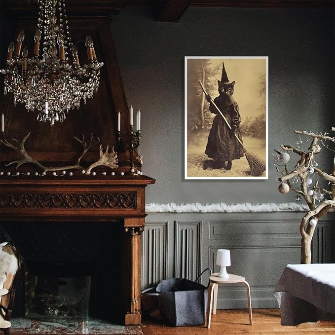 Halloween Decor Posters Black Cat Witch Canvas Wall Art Vintage Spooky Print Of Gothic Room Family Dark Academia Decorations Creepy Picture Poster Aesthetic 24X36inch Unframed