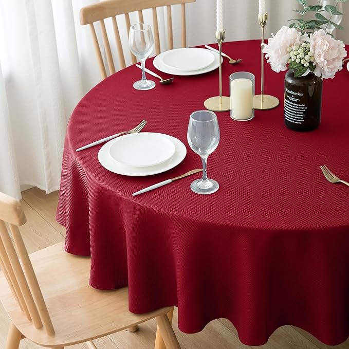 Biscaynebay Textured Fabric Round Christmas Tablecloths 70", Red Water Resistant Tablecloths for Dining, Kitchen, Wedding & Parties, etc Machine Washable