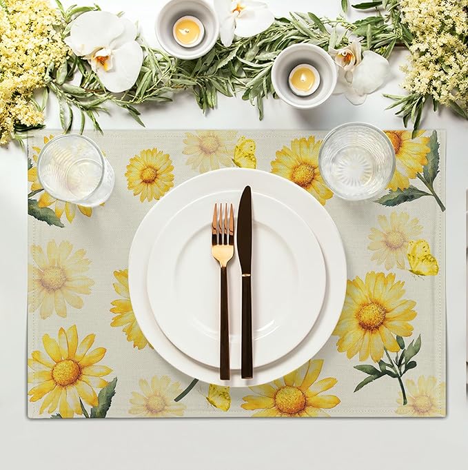 Sunflower Placemats Set of 4 Summer Yellow Floral Table Mat 12x18 Inch Farmhouse Daisy Flower Linen Fabric Place Mats for Party Kitchen Dining Outdoor Indoor Decor