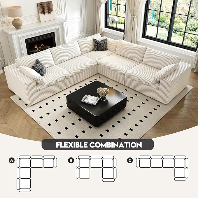 118" Cloud Couch Oversized Modular Sectional Sofa for Living Room,Modern Sofa with Deep Seat,V Shaped Boneless Couch,Comfy Upholstered Corduroy Couches for Apartment, Studio, Office,Bedroom,White
