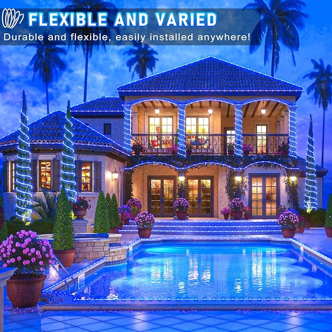 Rope Lights for Outside, 164FT 500 LED Rope Lights Outdoor Waterproof, 8 Modes Plug in String Lights for Indoor Bedroom, Garden, Deck, Patio, Pool, Landscape, Party Decorations - Blue