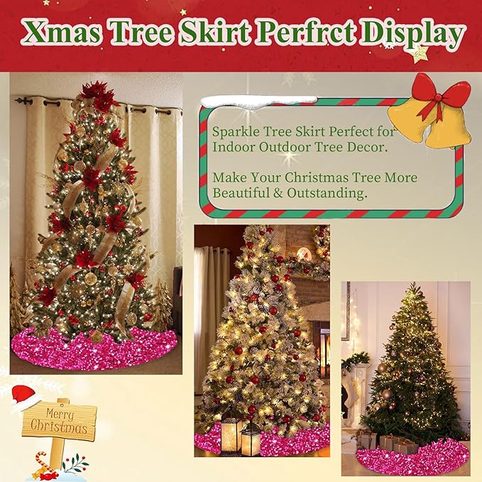 MODFUNS Glitter Tree Skirt 36 Inch Velvet Xmas Tree Skirts Hot Pink Sequin Christmas Tree Skirt Thick Sparkly Tree Skirting Cover for Xmas Tree Skirts Merry Christmas Home Glittering Tree Mat
