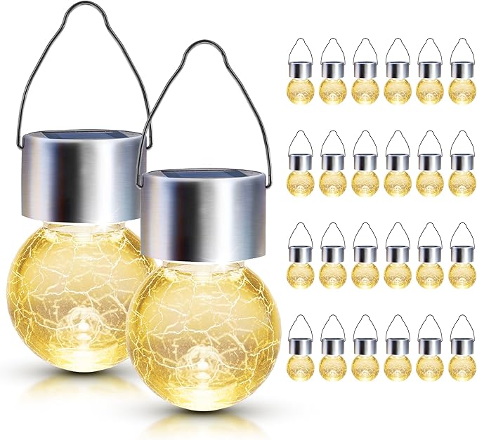 GIGALUMI 24 Pack Solar Outdoor Lights, Solar Hanging Lights for Christmas Decoration-Cracked Glass Solar Lights Outdoor Waterproof for Garden, Yard, Fence, Tree(Warm White)