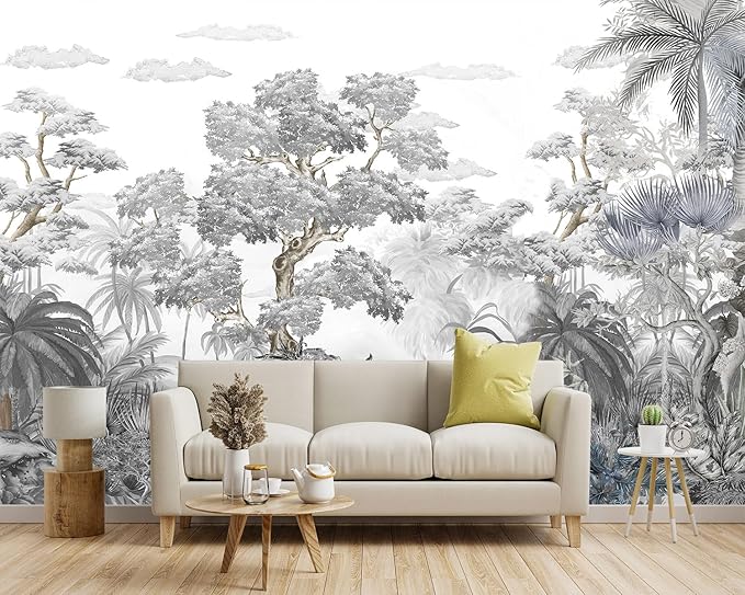 '-Tropical Rainforest Botanical Grey Jungle Forest Fabric Wallpaper Living Room Palm Leaf Plant Bedroom Bathroom Large Wall Mural- 183"x120"( not Peel and Stick)