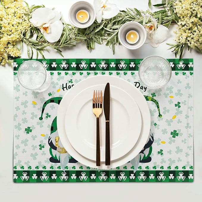 St Patricks Day Placemats Green Gnome Gold Coin Shamrock Placemats Set of 4 Buffalo Plaid Spring Holiday Linen Place Mats for Kitchen Dining Party Table Home Decoration Size 12x18 Inches