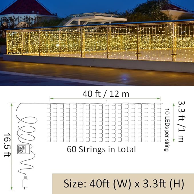 Solhice LED Curtain Lights Outside 40ft x 3ft for Backyard, 600 LED Plug in Hanging Fence String Lights Outdoor Waterproof for Backdrop Backyard Patio Deck Décor, Warm White (Not Connectable)