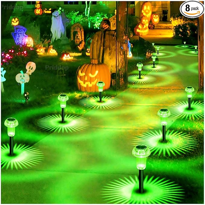 Halloween Solar Lights Outdoor 8 Pack Green LED Waterproof Mushroom Outside Lights for Yard Garden Patio Pathway Walkway Landscape Halloween Decorations