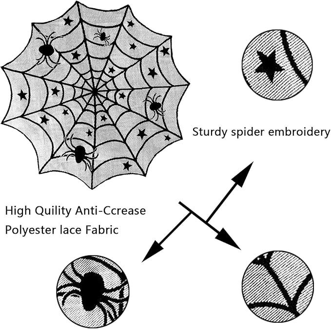 ZeeDix 39 Pcs Halloween Decorations Kit Black Lace Spiderweb Round Tablecloth Table Runner, Giant Spider Cobweb Fireplace Scarf with 36PCS Scary 3D Bats Wall Stickers for Halloween Party Decor