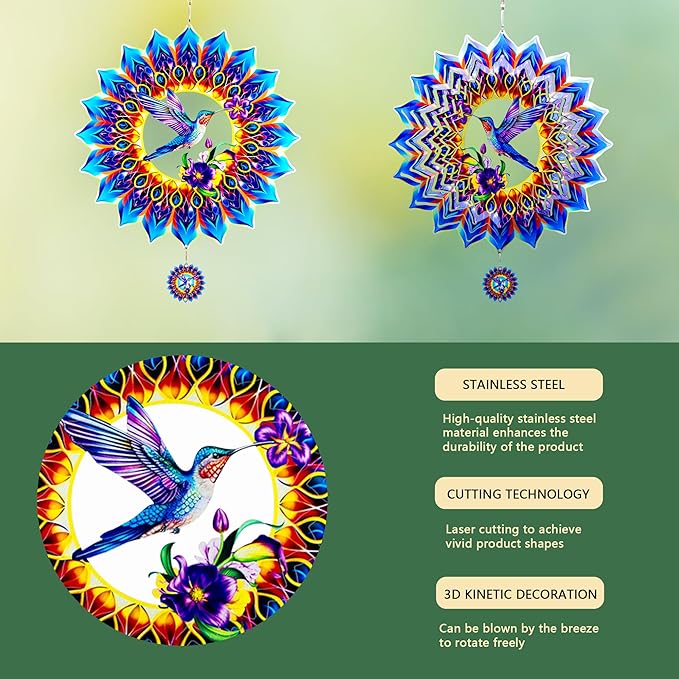 Hummingbird Wind Spinner,Hanging Wind Spinners Outdoor for Garden Decoration,12 inch 3D Stainless Steel Wind Sculpture for Indoor/Outdoor Decor