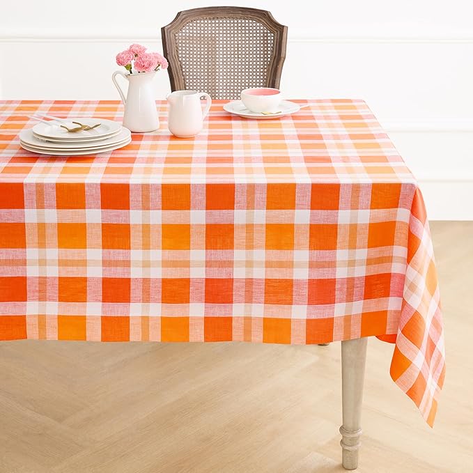 Solino Home Linen Tablecloth 60 x 120 Inch - 100% Pure Linen Plaid Pumpkin Table Cloth for Rectangle Tables - Autumn, Halloween, Thanksgiving, Fall Buffalo Check Machine Washable Tablecloth