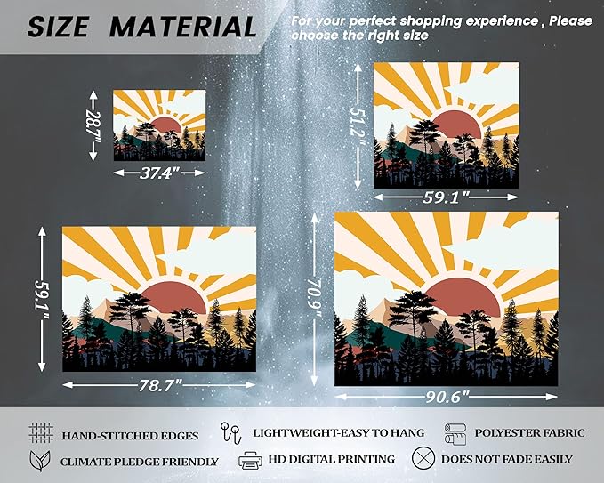 dueeia Boho Sun Tapestry Wall Hanging Abstract Mountain Tree Forest Sunset Sunrise Wall Tapestries for Mens Bedroom Living Room Wall Decor (28.7"x37.4")